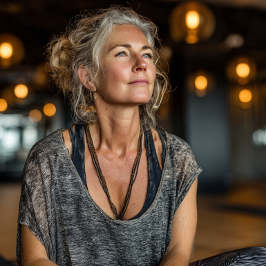 Літня жінка займається йогою