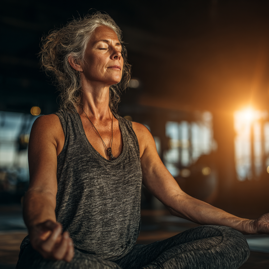 Літня жінка займається йогою