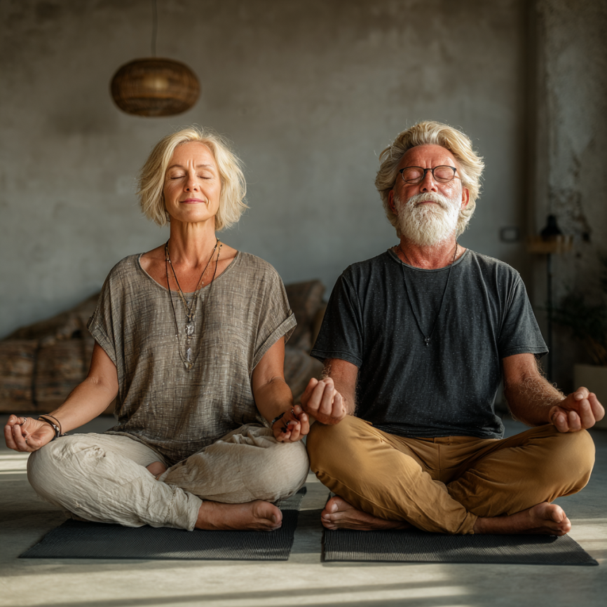 Група літніх людей займається йогою